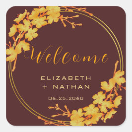 高級ブルゴーニュ&金ゴールドフローラ結婚ズ・ウェルカム スクエアシール
