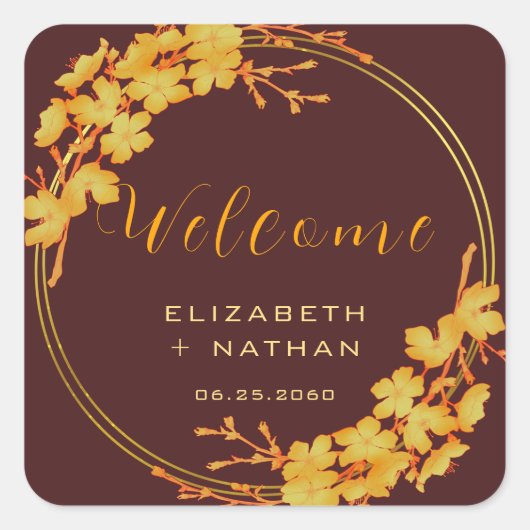 高級ブルゴーニュ&金ゴールドフローラ結婚ズ・ウェルカム スクエアシール (正面)