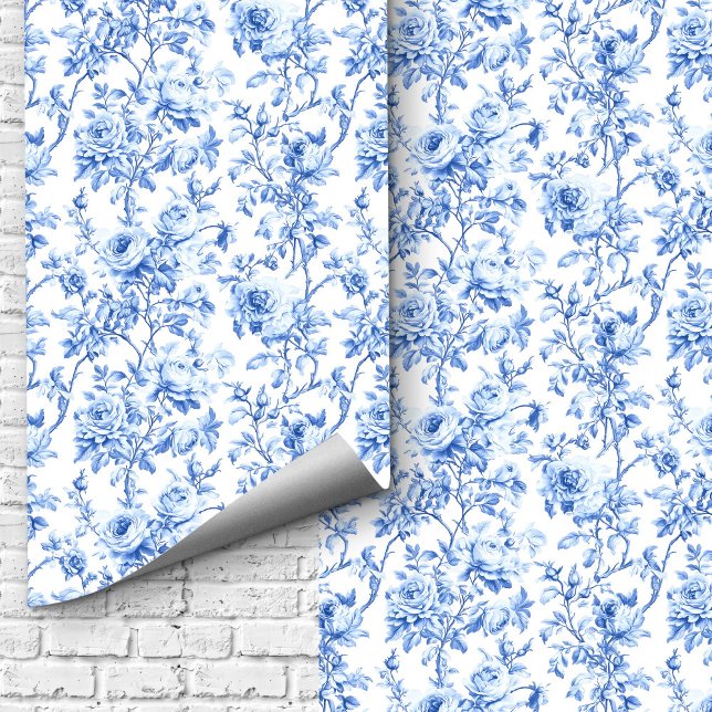 高級ブルーフランスのトワルドジュイ薔薇の花柄の壁紙 壁紙 (Luxury Blue French Toile Roses Floral Wallpaper Design)
