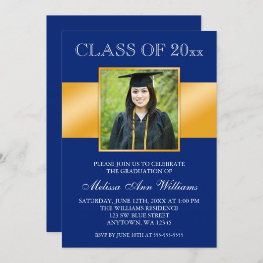 高級ブルー金ゴールド写真卒業のお知らせ 招待状 (正面/裏面)