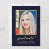 高級ブルー金ゴールド写真卒業のお知らせ 案内状 (正面)