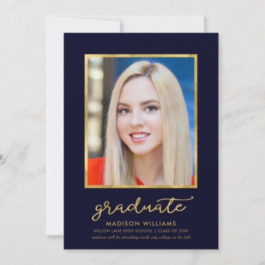 高級ブルー金ゴールド写真卒業のお知らせ 案内状 (正面)