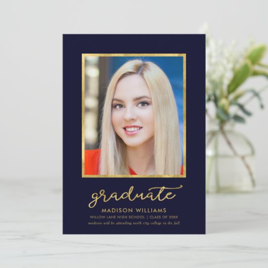 高級ブルー金ゴールド写真卒業のお知らせ 案内状 (スタンド正面)