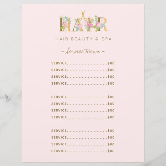 高級ヘアサロンサービス赤面ピンクメニューフライヤー (正面)