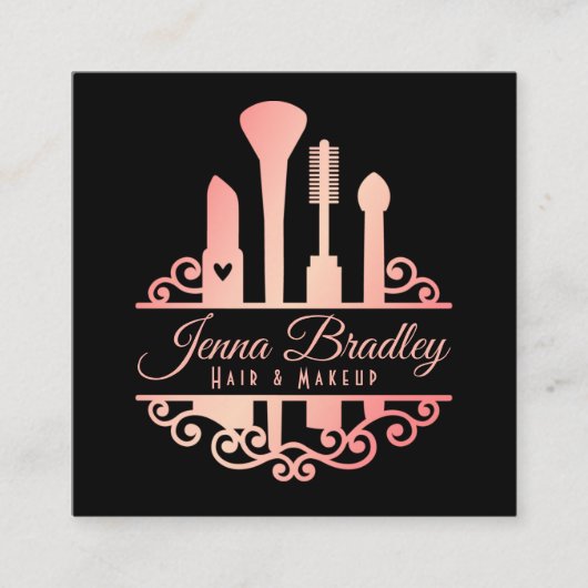 高級ヘアメイクアップ化粧料バラ金ゴールドとブラック スクエア名刺 (正面)