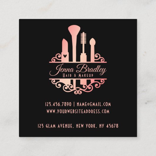 高級ヘアメイクアップ化粧料バラ金ゴールドとブラック スクエア名刺 (裏面)