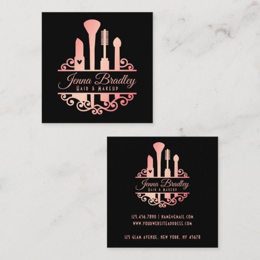 高級ヘアメイクアップ化粧料バラ金ゴールドとブラック スクエア名刺 (正面/裏面)