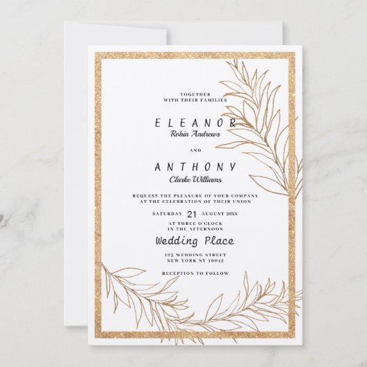 高級ホワイトおよび金ゴールドグリッターリーフ結婚フローラ 招待状 (正面)