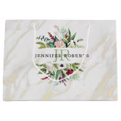 高級ホワイトおよび金ゴールドマーブルフローラフレーム ラージペーパーバッグ (正面)