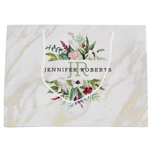 高級ホワイトおよび金ゴールドマーブルフローラフレーム ラージペーパーバッグ (正面)