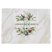 高級ホワイトおよび金ゴールドマーブルフローラフレーム ラージペーパーバッグ (裏面)