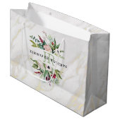 高級ホワイトおよび金ゴールドマーブルフローラフレーム ラージペーパーバッグ (正面アングル)