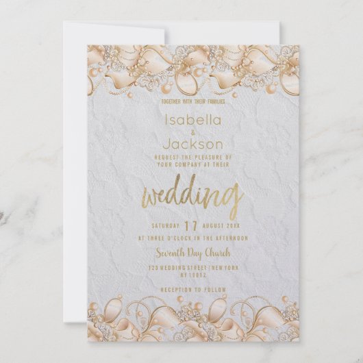 高級ホワイトフランスの金ゴールド結婚フローラ 招待状 (正面)