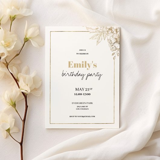 高級ホワイト金ゴールドエレガントフローラ誕生日 招待状