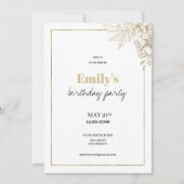 高級ホワイト金ゴールドエレガントフローラ誕生日 招待状 (正面)