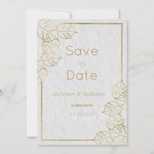 高級ホワイト金ゴールドフランスのフローラレース日付の保存 招待状 (正面)