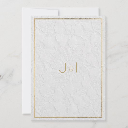 高級ホワイト金ゴールドフランスのフローラレース日付の保存 招待状 (裏面)