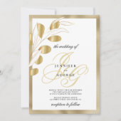 高級ホワイト金ゴールドモノグラムイニシャル結婚フローラ 招待状 (正面)
