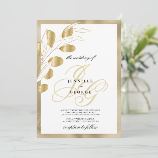 高級ホワイト金ゴールドモノグラムイニシャル結婚フローラ 招待状 (スタンド正面)