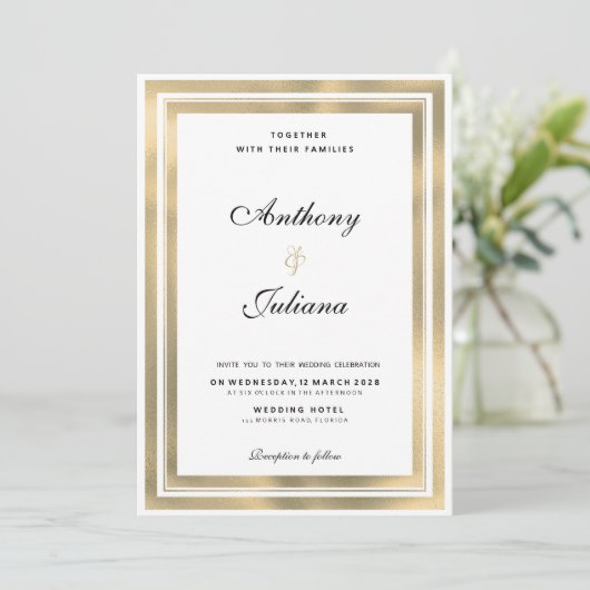 高級ホワイト金ゴールド幾何学模様エレガントな結婚式 招待状 (スタンド正面)