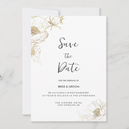高級ホワイト金ゴールド牡丹フローラ保存日 招待状 (正面)