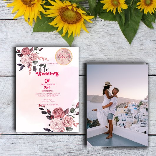 高級ボホピンク結婚フローラ 招待状