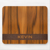 高級マホガニーの木の質感と茶色の革 マウスパッド (正面)