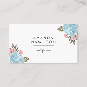 高級モダンな青い水彩の花と葉  名刺