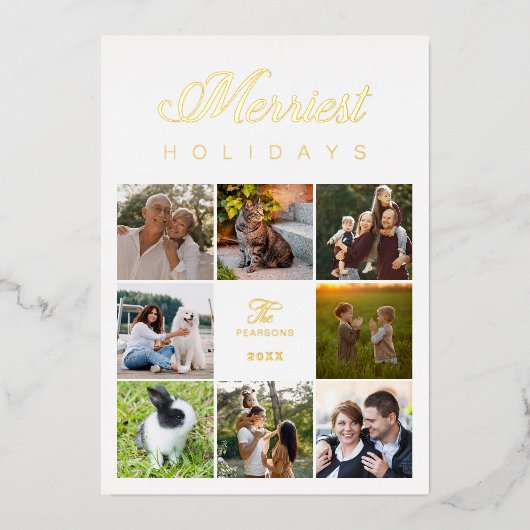 高級モダンコラージュ8枚の写真ファミリークリスマス 箔シーズンカード (正面)