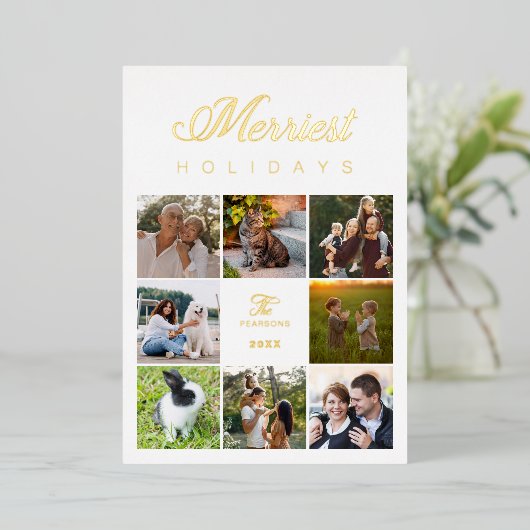 高級モダンコラージュ8枚の写真ファミリークリスマス 箔シーズンカード (立ち正面)