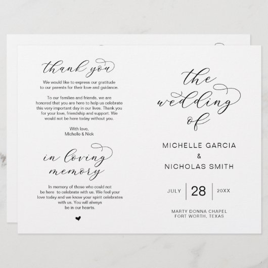 高級モダンスクリプト、折り畳み可能結婚式 プログラム (正面/裏面)