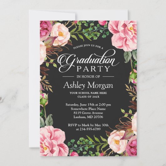 高級モダンタイポグラフィフローラ卒業党 招待状 (正面)