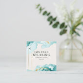 高級モダンティール（緑がかった色）ブルーウォーターカラーゴールドフォイル スクエア名刺 (スタンド正面)
