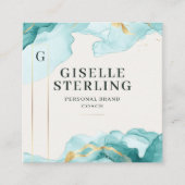 高級モダンティール（緑がかった色）ブルーウォーターカラーゴールドフォイル スクエア名刺 (正面)