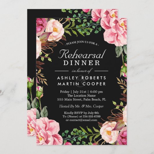 高級モダンピンクフローラのリハ結婚ーサルディナー 招待状 (正面/裏面)