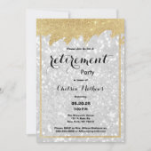 高級モダンホワイト金ゴールドグリッター退職パーティー 招待状 (正面)