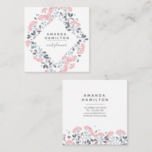 高級モダン水彩枠ブーケピンク スクエア名刺 (正面/裏面)