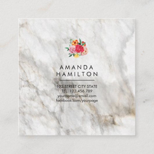 高級モダン水彩牡丹フローラ大理石 スクエア名刺 (裏面)
