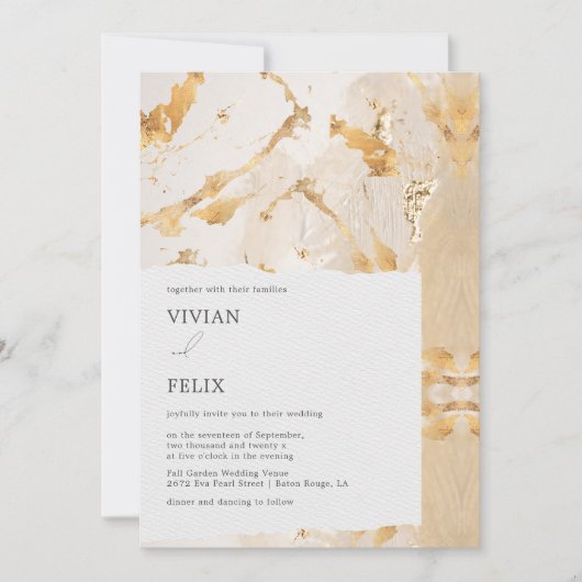 高級モダン金ゴールド抽象芸術結婚ズ 招待状 (正面)