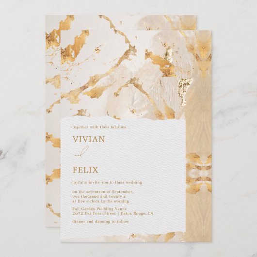 高級モダン金ゴールド抽象芸術結婚ズ 招待状 (正面/裏面)