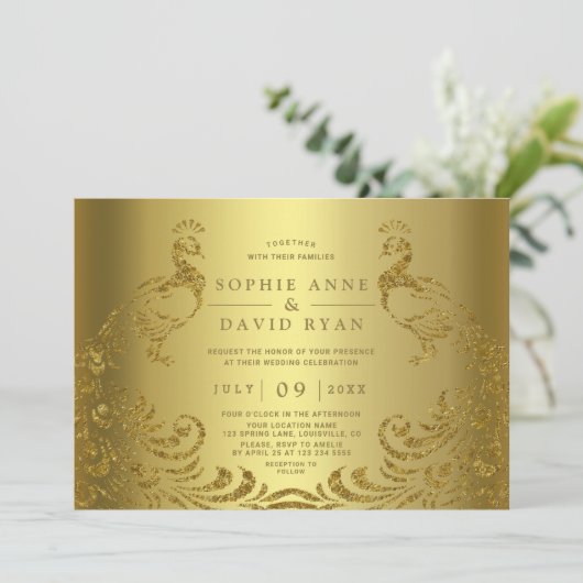 高級モダン金ゴールド抽象芸術結婚孔雀 招待状 (スタンド正面)