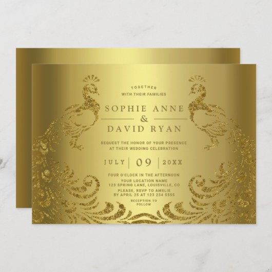 高級モダン金ゴールド抽象芸術結婚孔雀 招待状 (正面/裏面)