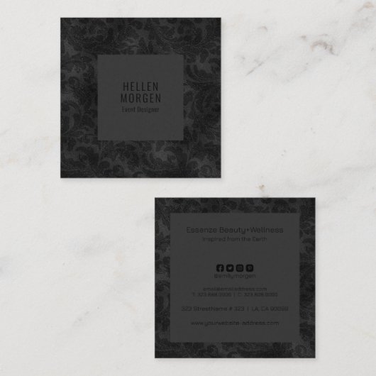 高級モノクロフローラダマスクパターン スクエア名刺 (正面/裏面)
