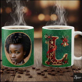 高級レッドベルベットゴールドのクリスマスイニシャルL コーヒーマグカップ