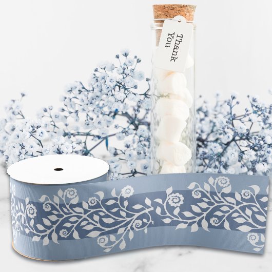 高級ヴィンテージフローラアラベスクボホダスティブルー グログランリボン