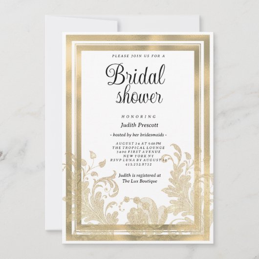 高級ヴィンテージホワイト金ゴールドフローラブライダルシャワー 招待状 (正面)