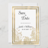 高級ヴィンテージホワイト金ゴールドフローラ保存日 招待状 (正面)