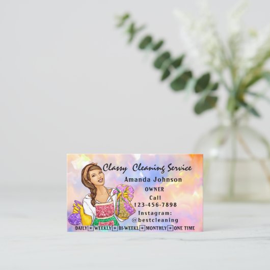 高級住宅清掃サービスメイドピンクホログラフ 名刺 (スタンド正面)