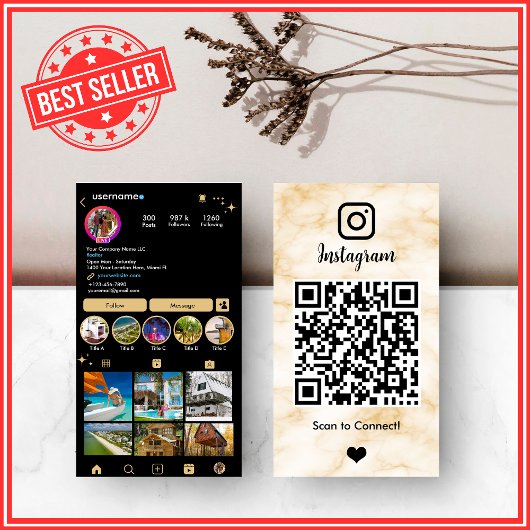 高級感あふれるイエローとブラックのアゲート大理石を使用したInstagram QRカード 名刺