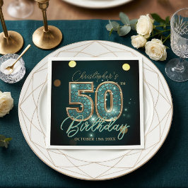 高級感あふれるターコイズブルーとゴールドのモザイク柄でお祝いする50歳の誕生日パーティー スタンダードカクテルナプキン